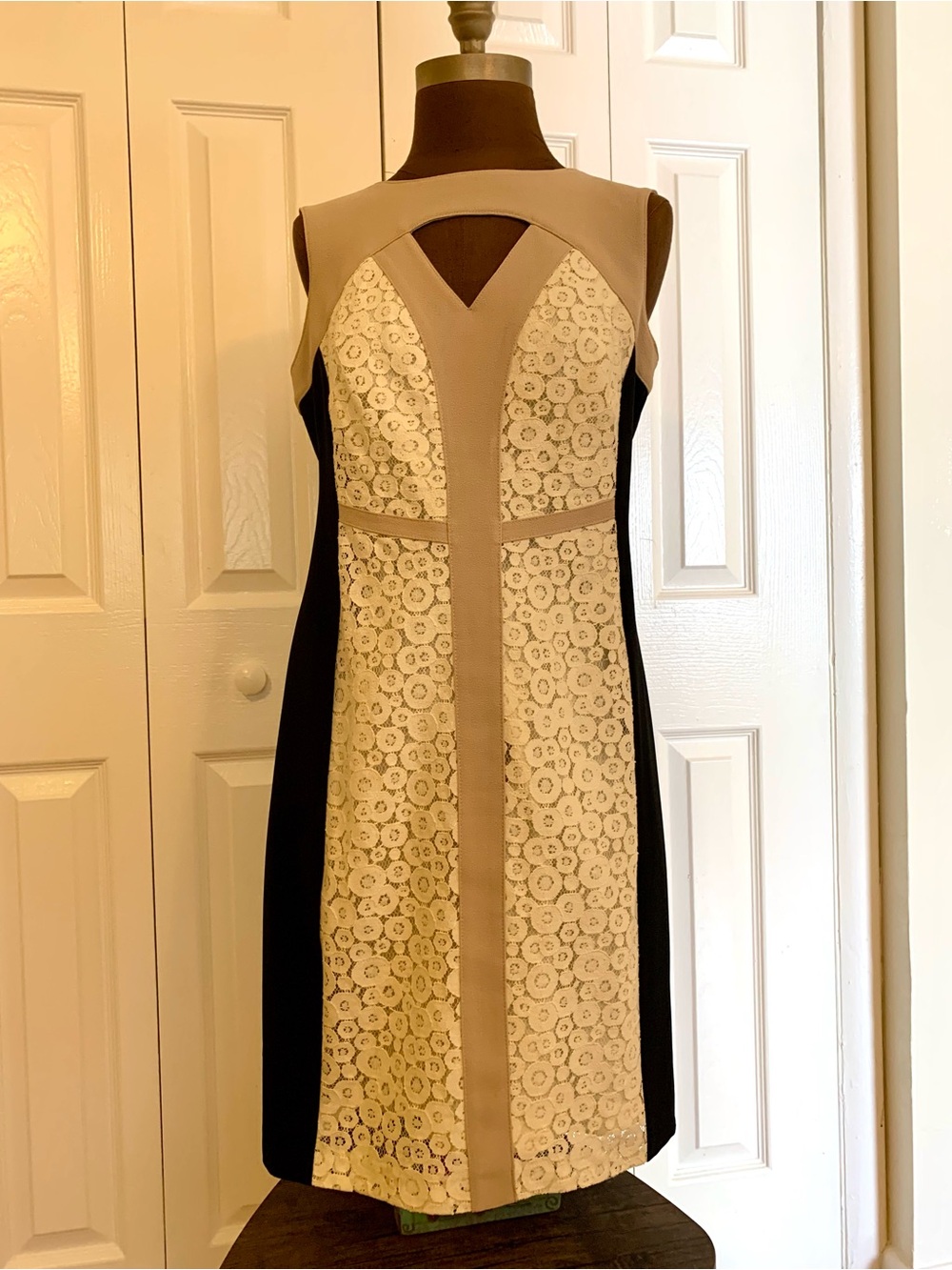 Studio One Black and Beige Lace-Panel Sheath Dress